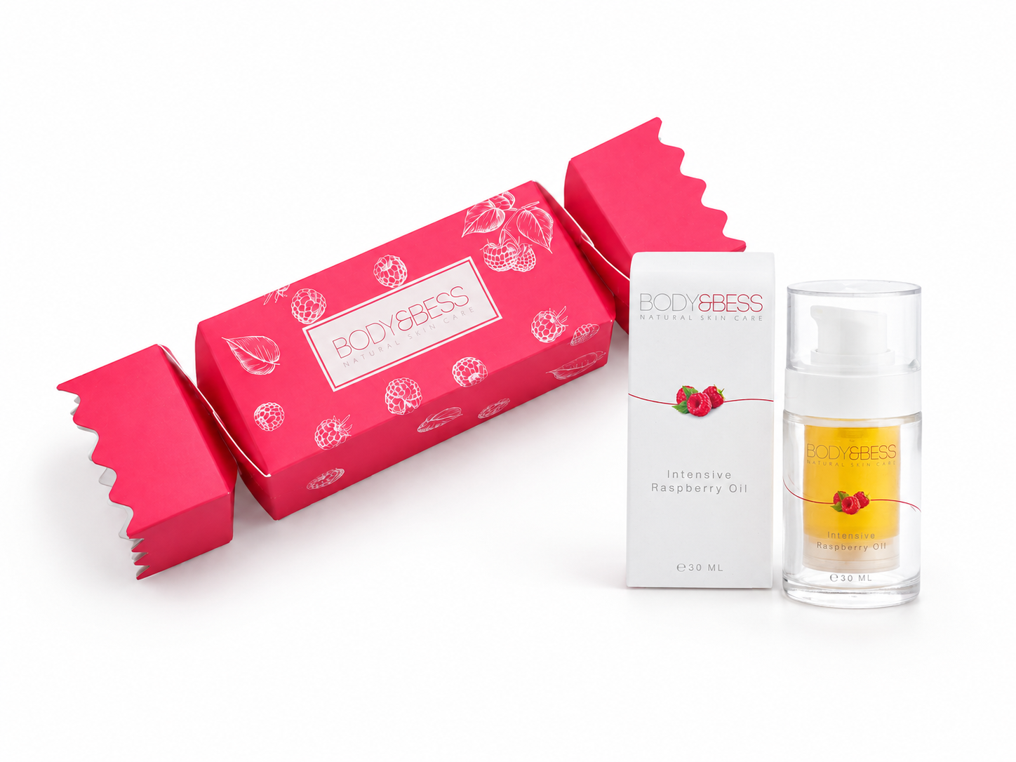 Body&Bess Christmas Cracker met Intensive Raspberry Oil 30 ml als feestelijk eindejaarsgeschenk.