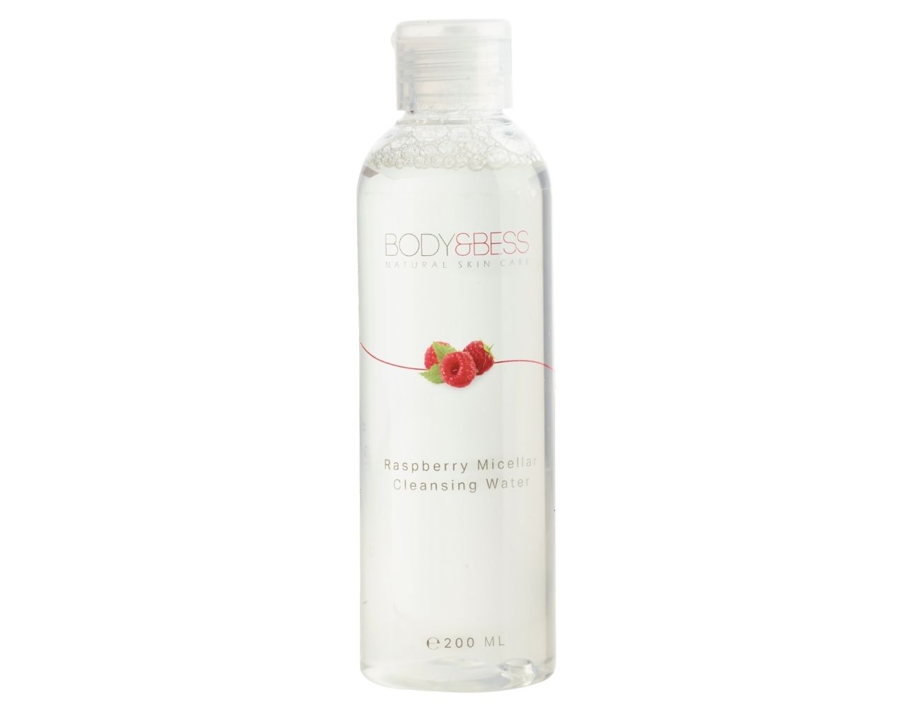 Raspberry Micellar Cleansing Water van Body&Bess, parfumvrije make-up remover voor gevoelige ogen.