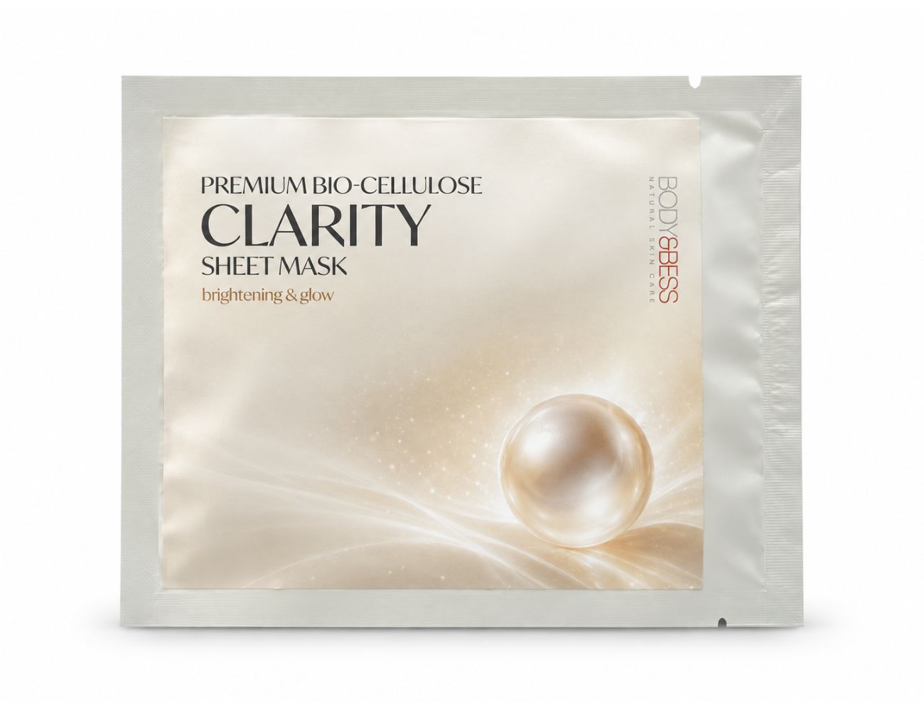 Clarity Brightening & Glow Bio-Cellulose Mask van Body&Bess voor een doffe huid, pigmentvlekken en een egaler ogende teint.